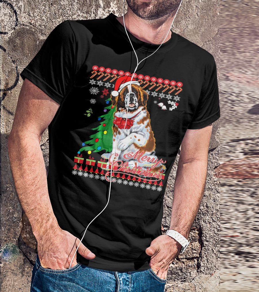 Merry Christmas Saint Bernard Dog Ugly Christmas T-Shirt