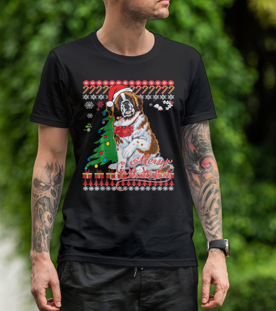 Merry Christmas Saint Bernard Dog Ugly Christmas T-Shirt