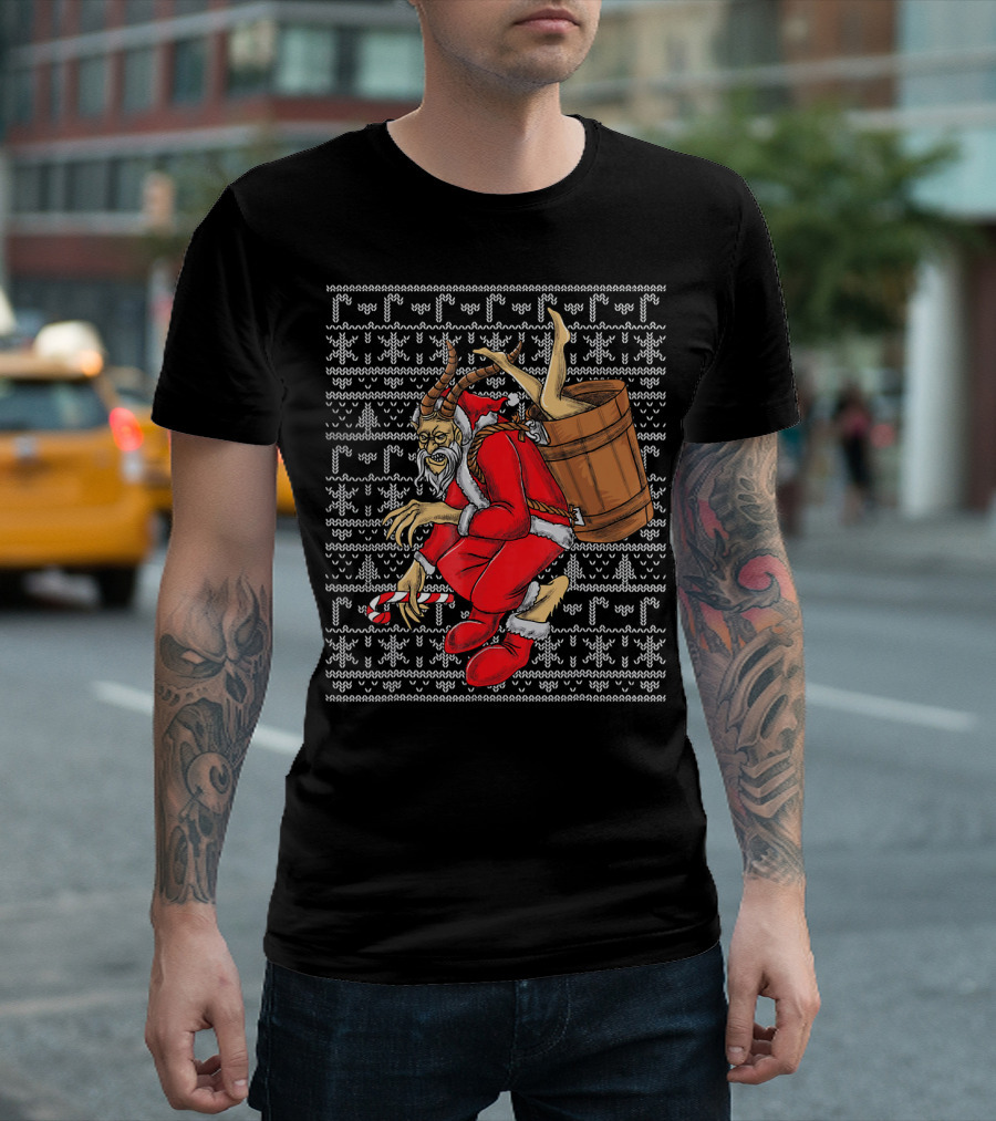 Krampus Ugly Christmas Sweater-Style Santa with Barrel and Candy Cane T-Shirt