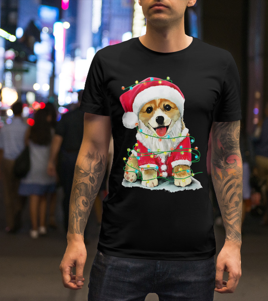 Festive Christmas Corgi Santa With Holiday Lights Corgmas San T-Shirt