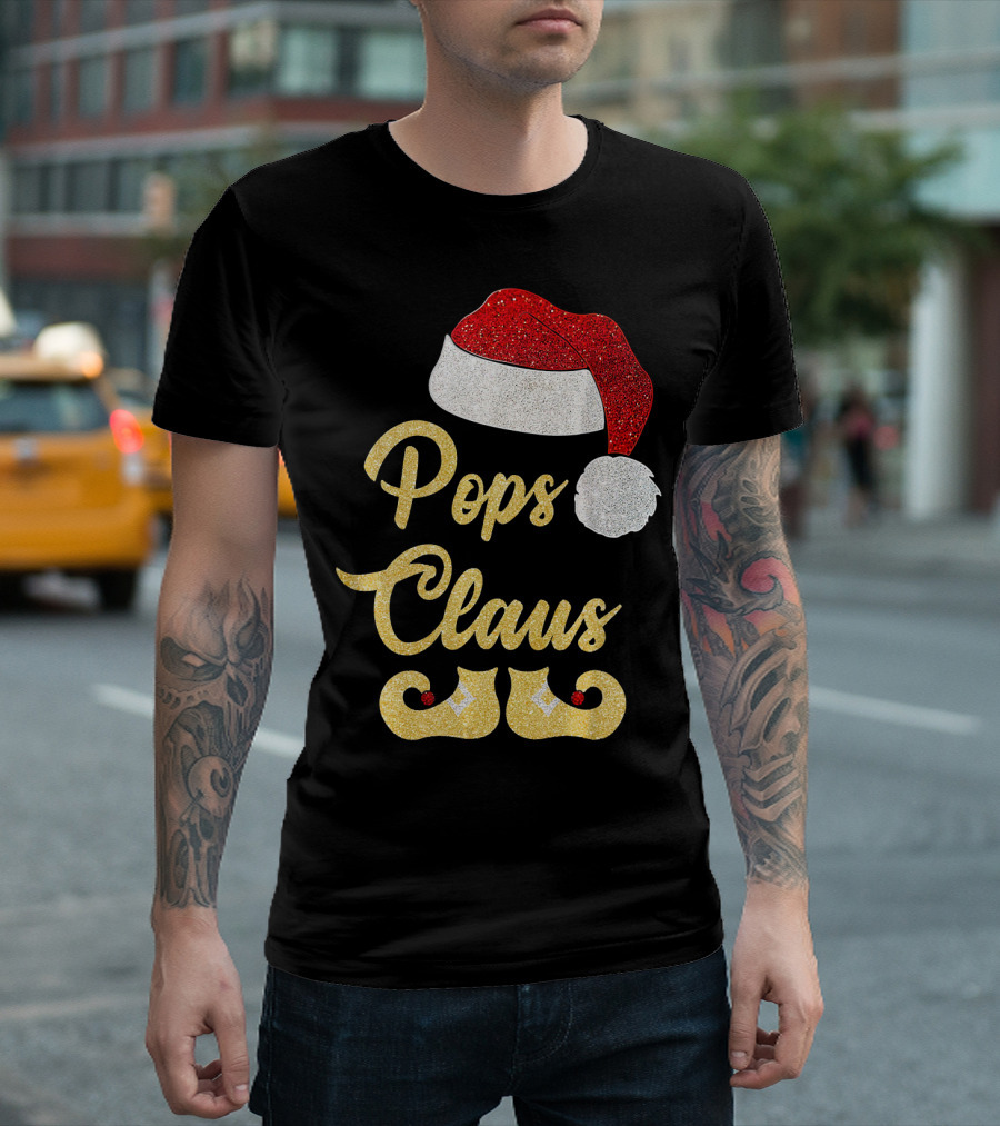 Pops Claus Glitter Santa Hat And Elf Shoes Matching Family Group T-Shirt