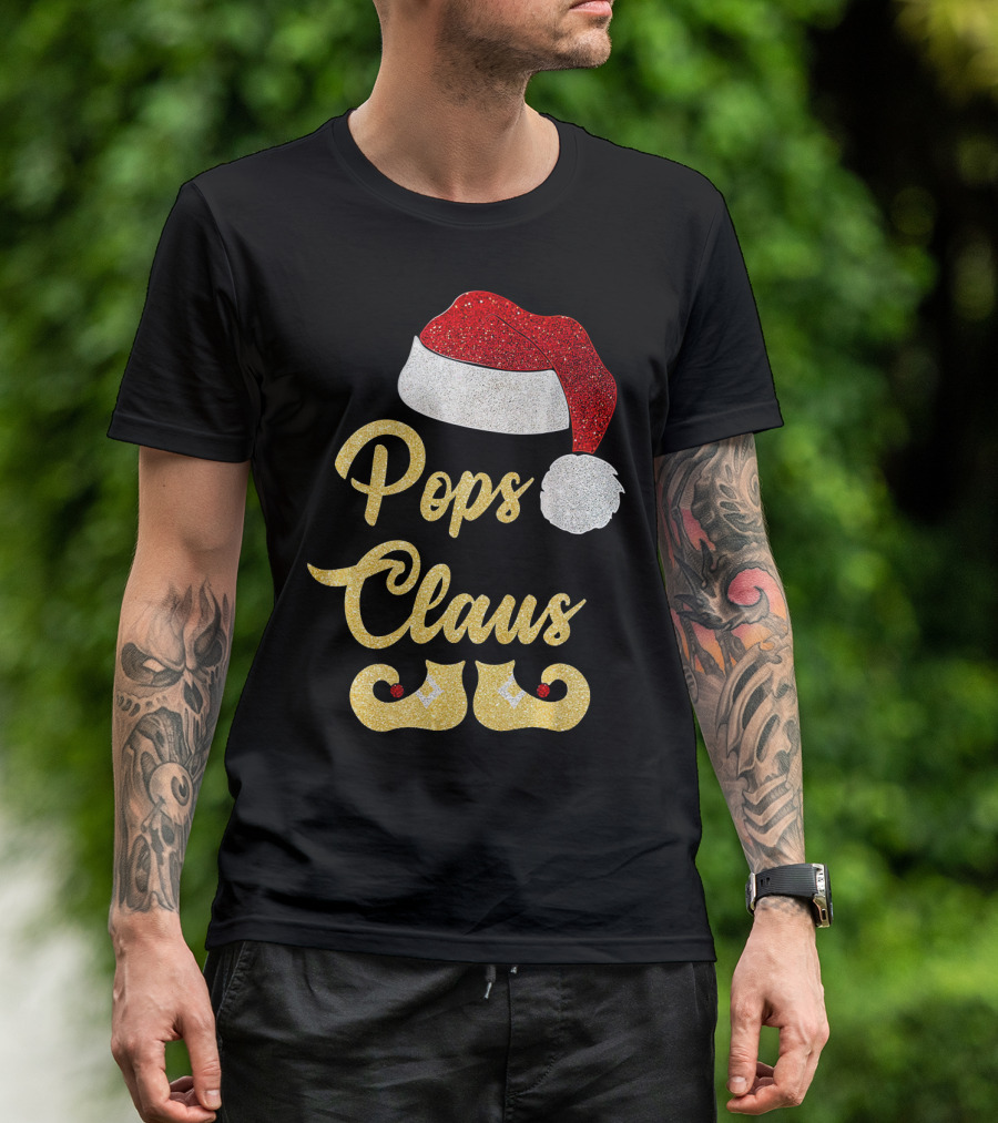 Pops Claus Glitter Santa Hat And Elf Shoes Matching Family Group T-Shirt