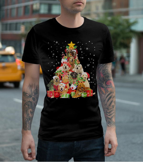 Golden Retriever Christmas Tree With Santa Hats And Presents T-Shirt