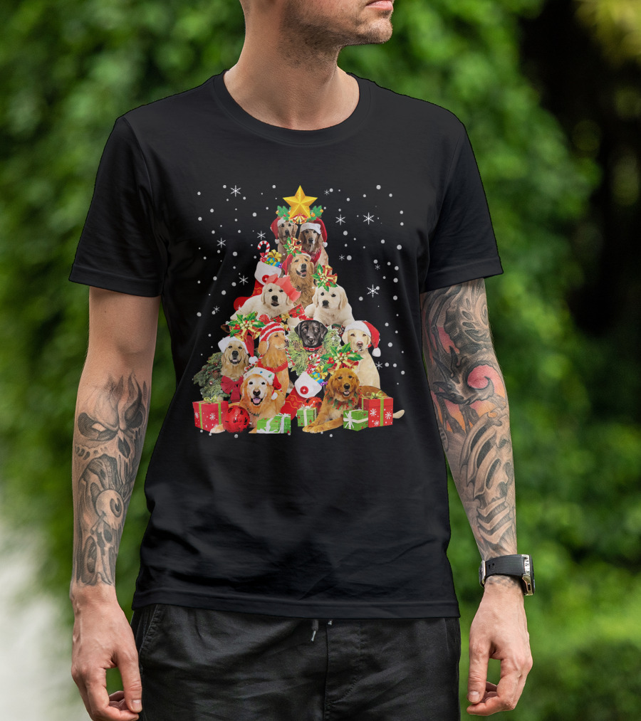 Golden Retriever Christmas Tree With Santa Hats And Presents T-Shirt