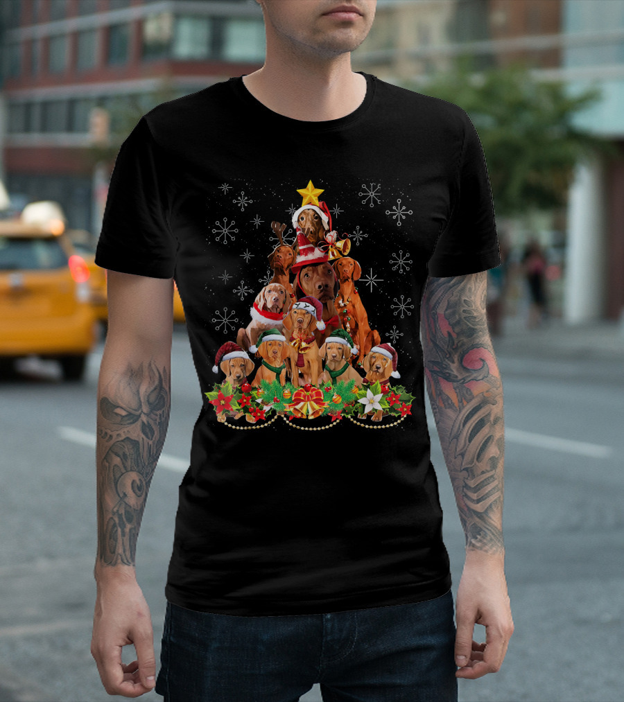 Vizsla Christmas Tree with Dogs Santa Hats Snowflakes and Holly T-Shirt