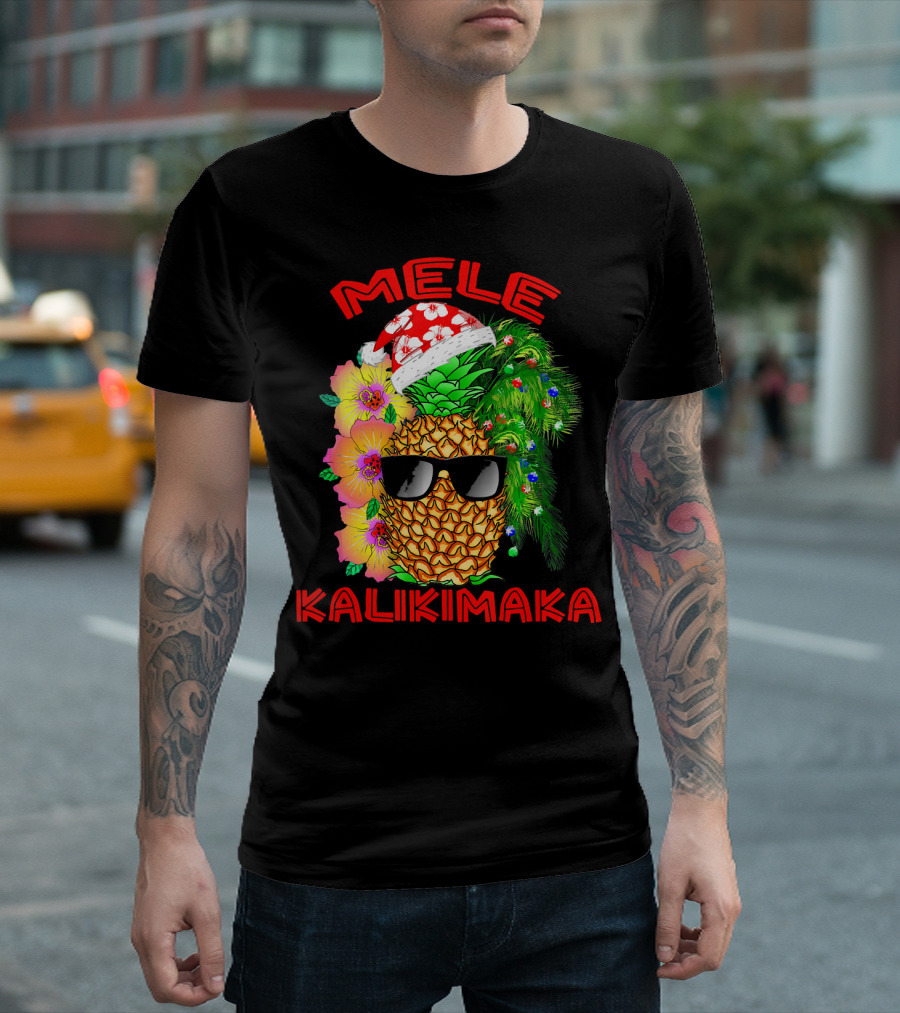 Mele Kalikimaka Hawaiian Christmas Pineapple Santa Hat Sunglasses Flowers T-Shirt
