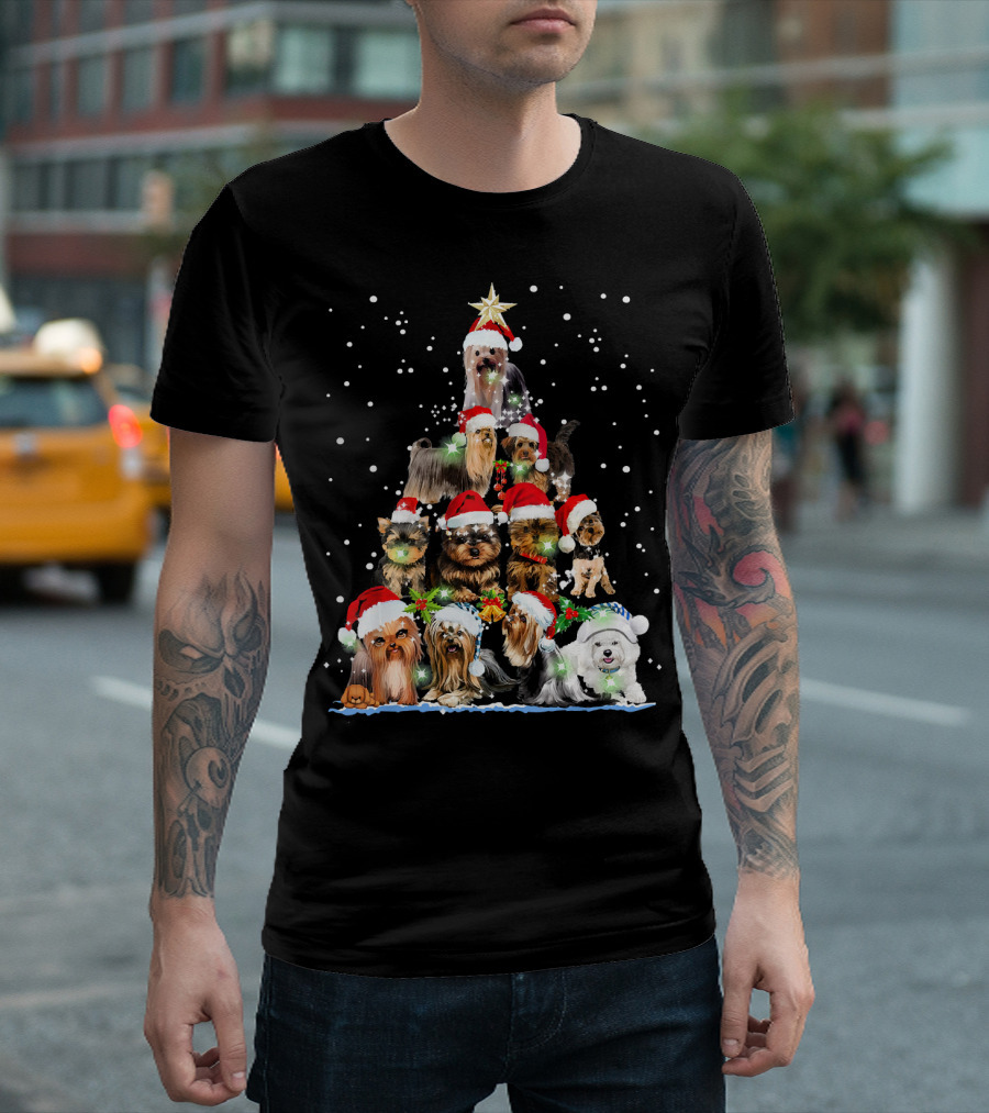 Yorkie Christmas Tree Santa Hats Dogs Snowflakes T-Shirt