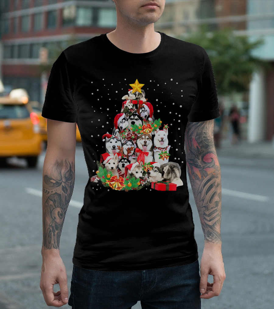 Siberian Husky Christmas Tree Festive Holiday Dogs With Gifts And Star T-Shirt