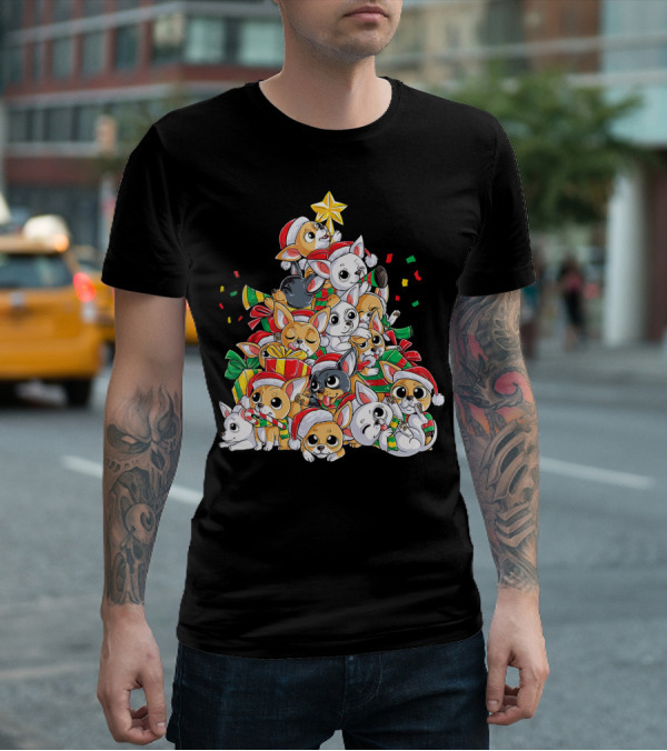 Chihuahua Christmas Tree Festive Dogs With Santa Hats And Presents T-Shirt