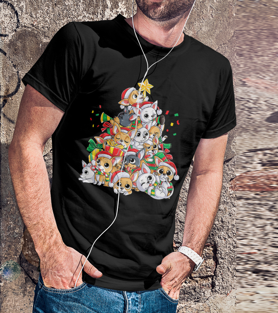 Chihuahua Christmas Tree Festive Dogs With Santa Hats And Presents T-Shirt
