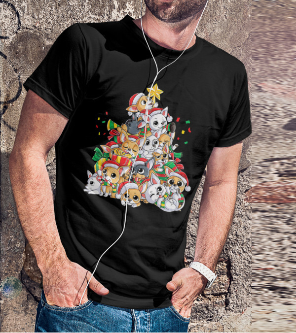 Chihuahua Christmas Tree Festive Dogs With Santa Hats And Presents T-Shirt