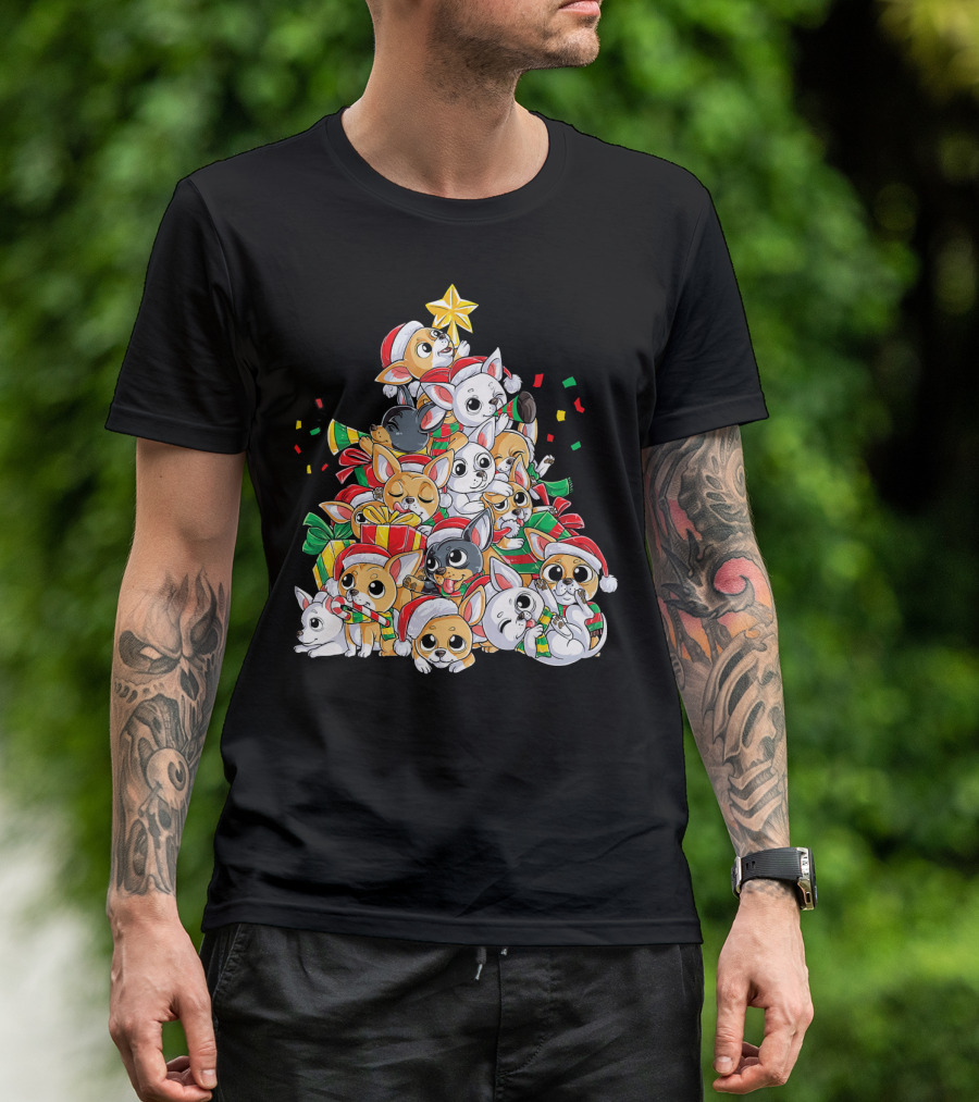 Chihuahua Christmas Tree Festive Dogs With Santa Hats And Presents T-Shirt