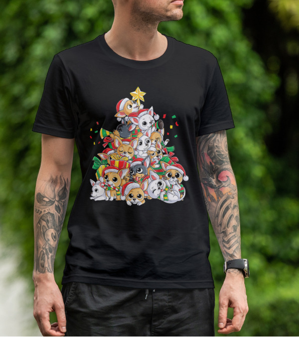 Chihuahua Christmas Tree Festive Dogs With Santa Hats And Presents T-Shirt