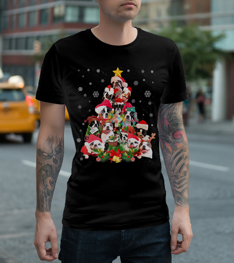 Boston Terriers Christmas Tree Snowflakes and Santa Hats T-Shirt