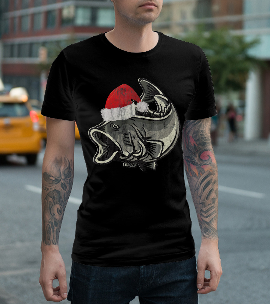 Christmas Bass with Santa Hat T-Shirt