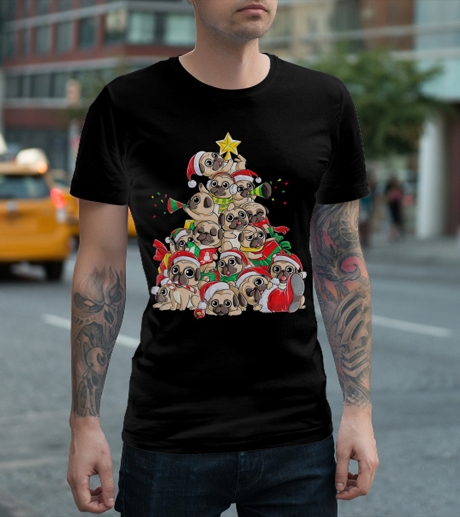 Merry Pugmas Christmas Tree with Pugs in Santa Hats T-Shirt