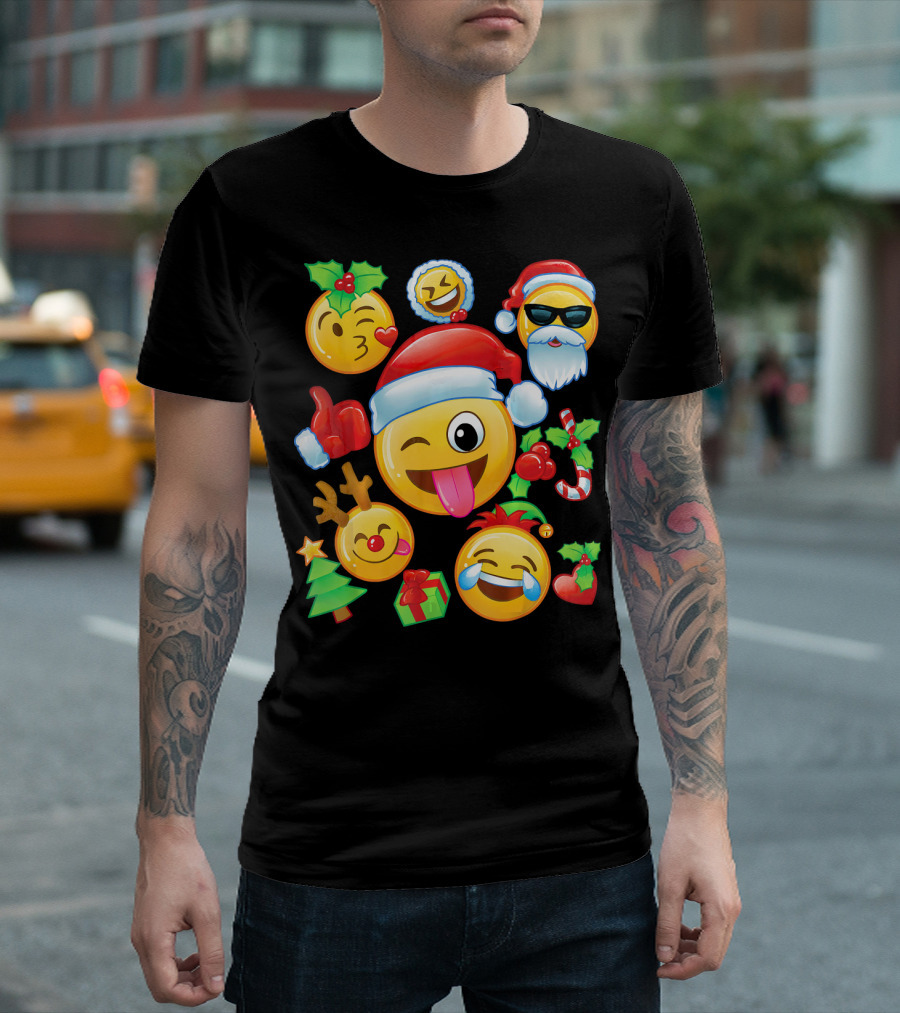 Santa Emoji Christmas Fun with Reindeer Candy Cane Gifts and Holly T-Shirt
