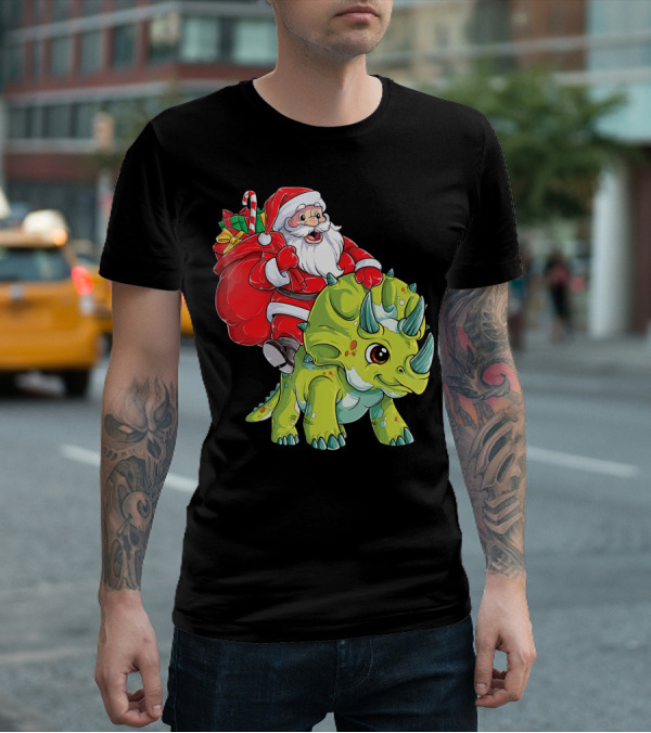 Santa Riding Triceratops Dinosaur Christmas Boys Santa Tric T-Shirt