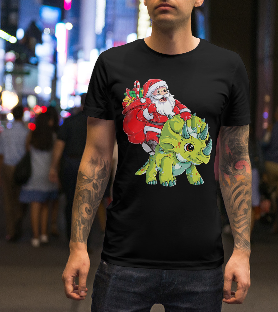 Santa Riding Triceratops Dinosaur Christmas Boys Santa Tric T-Shirt