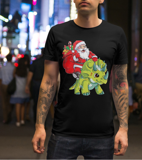 Santa Riding Triceratops Dinosaur Christmas Boys Santa Tric T-Shirt
