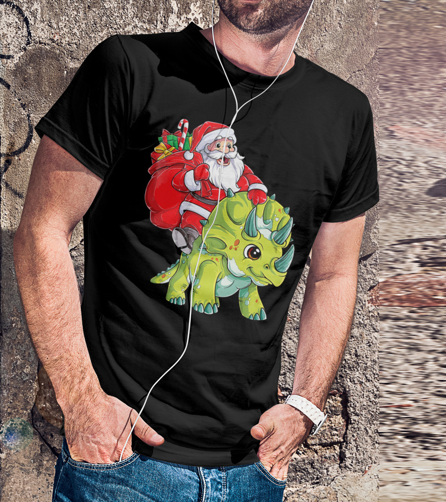 Santa Riding Triceratops Dinosaur Christmas Boys Santa Tric T-Shirt