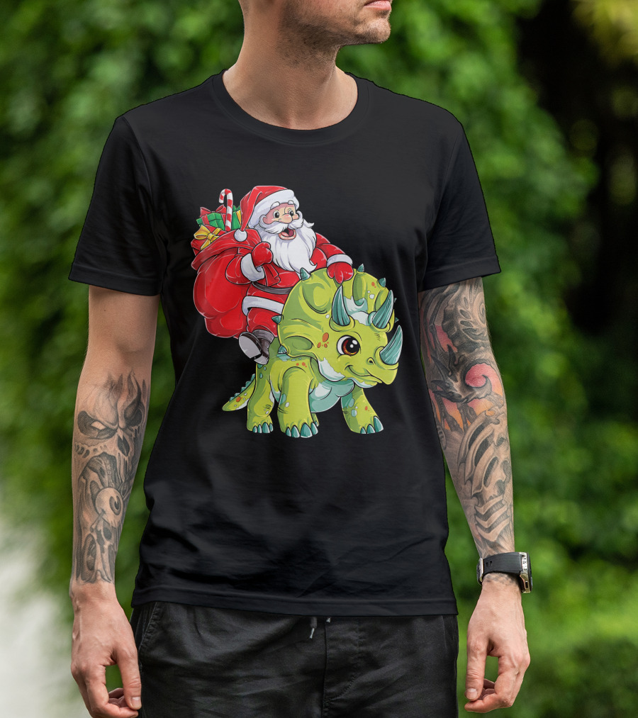 Santa Riding Triceratops Dinosaur Christmas Boys Santa Tric T-Shirt