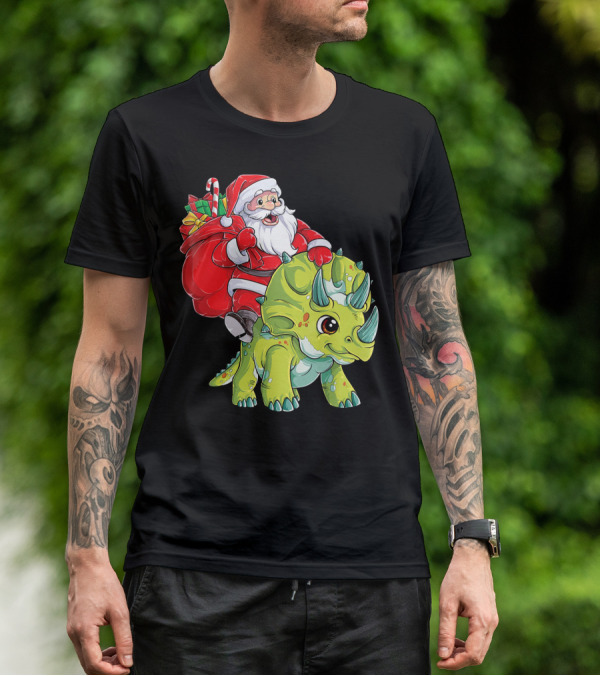 Santa Riding Triceratops Dinosaur Christmas Boys Santa Tric T-Shirt