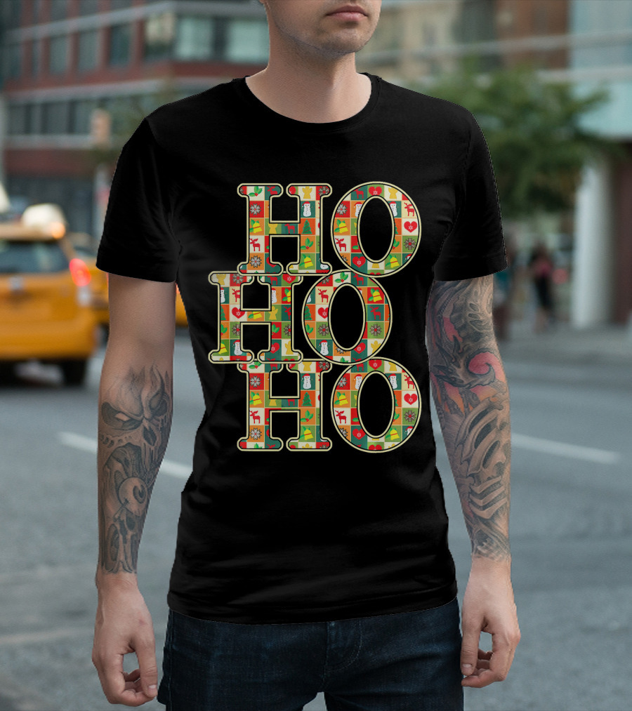 HoHoHo Funny Christmas Santa Patchwork Reindeer Snowman Ornaments T-Shirt