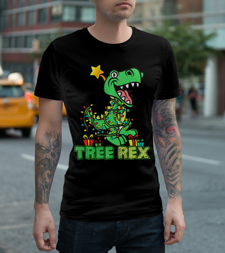 Tree Rex Dinosaur Wrapped in Christmas Lights with Presents and Star T-Shirt