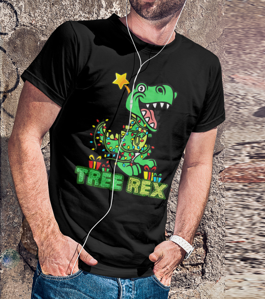 Tree Rex Dinosaur Wrapped In Christmas Lights With Presents And Star T-Shirt