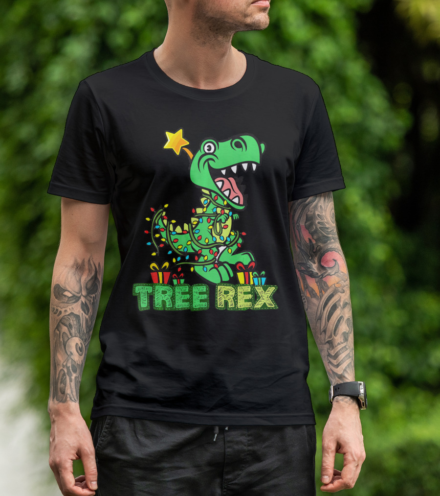 Tree Rex Dinosaur Wrapped In Christmas Lights With Presents And Star T-Shirt
