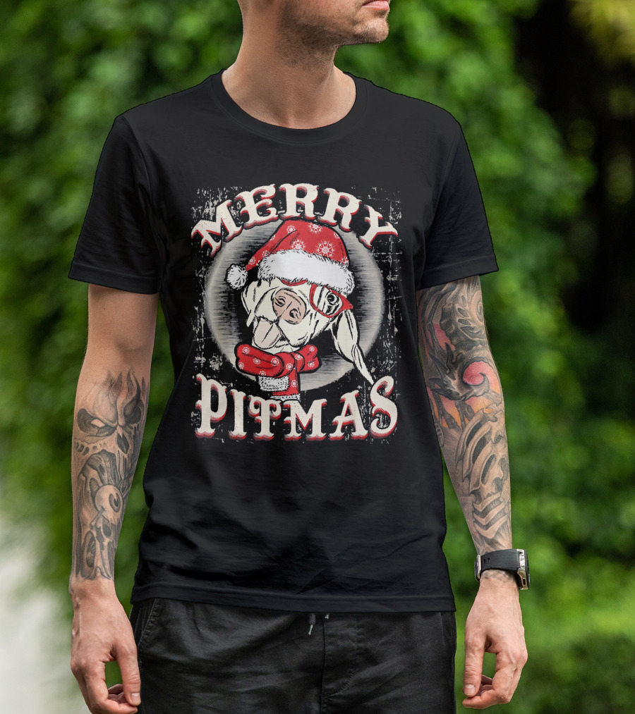 Merry Pitmas Santa Hat Festive Dog T-Shirt