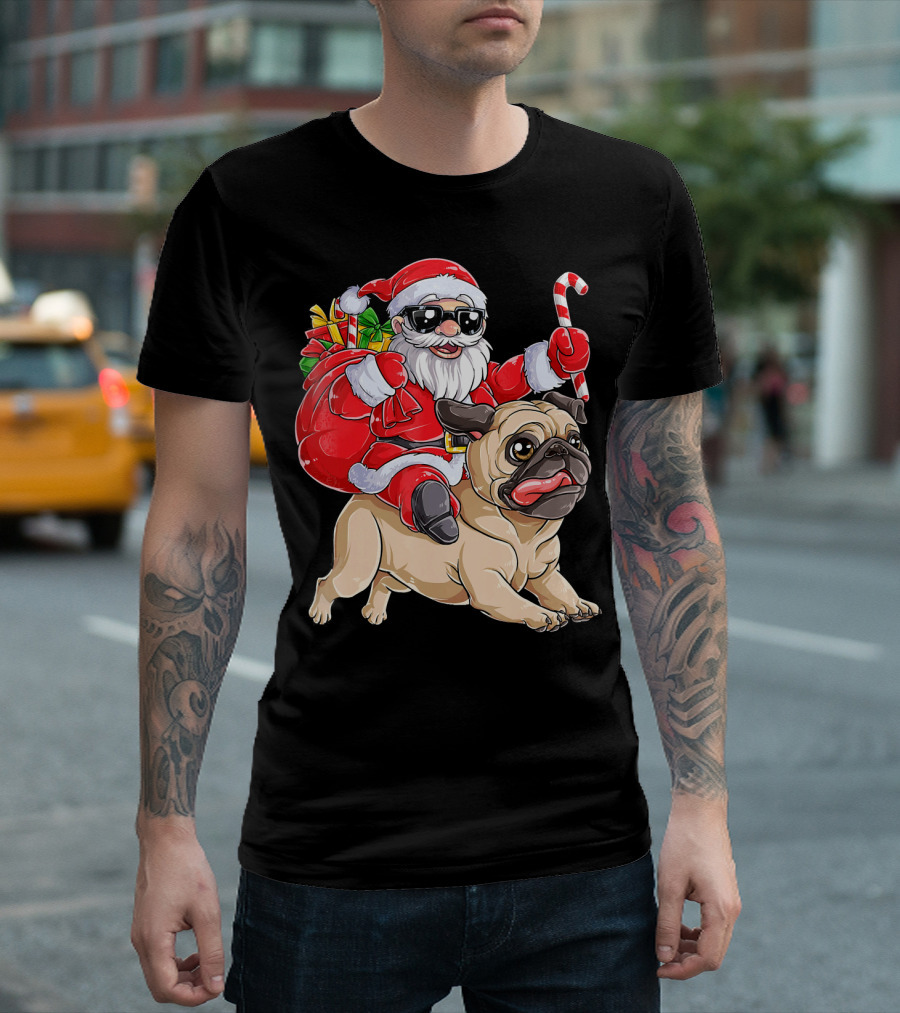 Santa Claus Riding Pug with Candy Cane and Gifts T-Shirt
