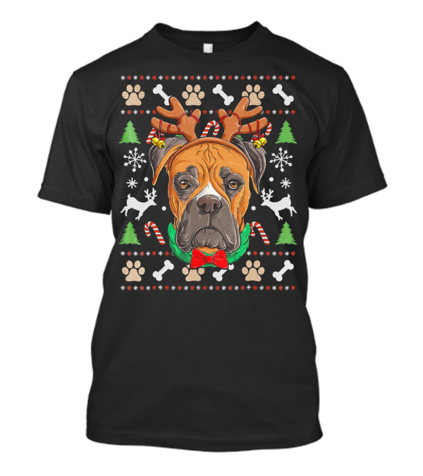 Boxer Ugly Christmas Reindeer Antlers Candy Canes Snowflakes Green Trees T-Shirt