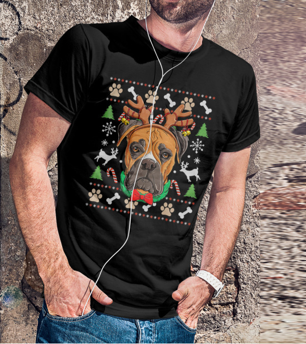 Boxer Ugly Christmas Reindeer Antlers Candy Canes Snowflakes Green Trees T-Shirt