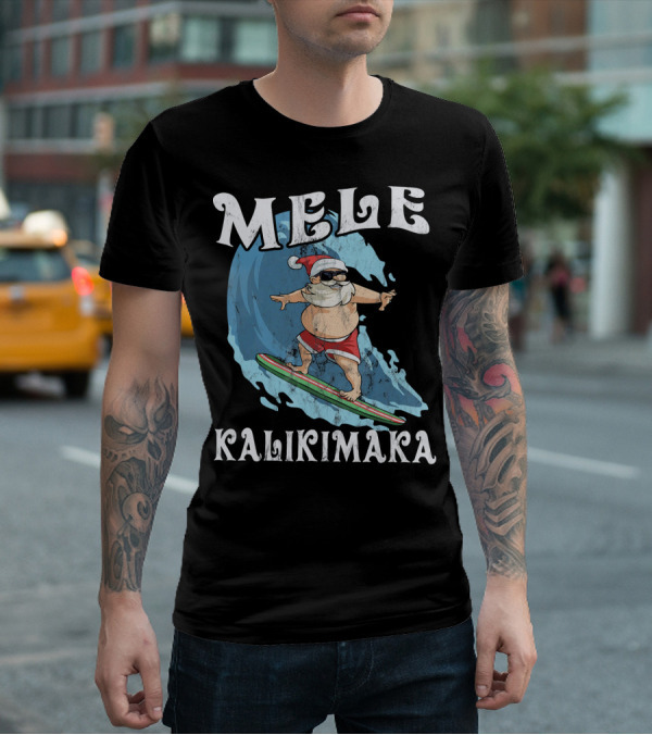 Mele Kalikimaka Funny Santa Surfing Wave T-Shirt