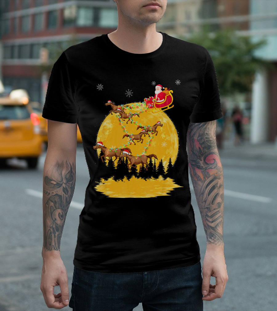 Santa Claus on Sleigh with Horses and Christmas Moon T-Shirt