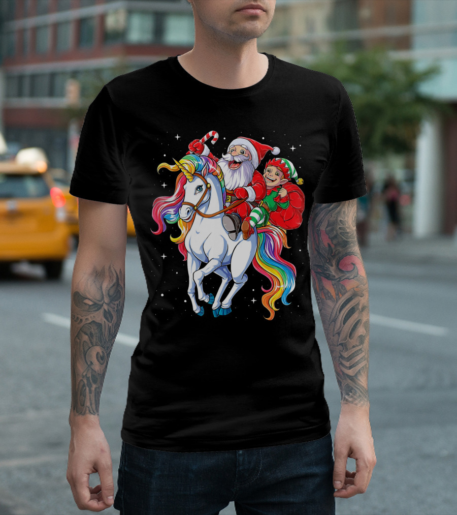 Santa and Elf Riding Rainbow Unicorn Christmas Magic T-Shirt