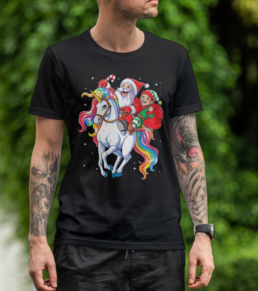 Santa And Elf Riding Rainbow Unicorn Christmas Magic T-Shirt