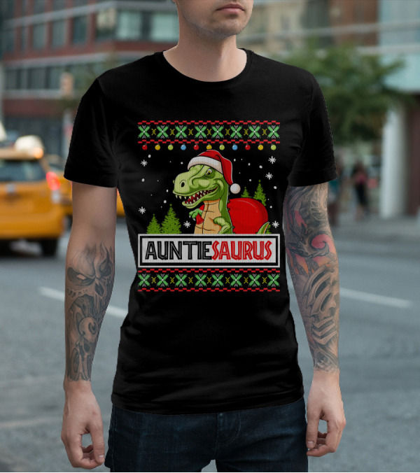 Auntiesaurus Funny Auntie Dinosaur Christmas Sweater T-Rex Santa Hat T-Shirt