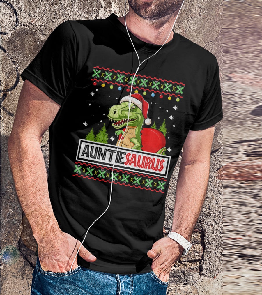 Auntiesaurus Funny Auntie Dinosaur Christmas Sweater T-Rex Santa Hat T-Shirt