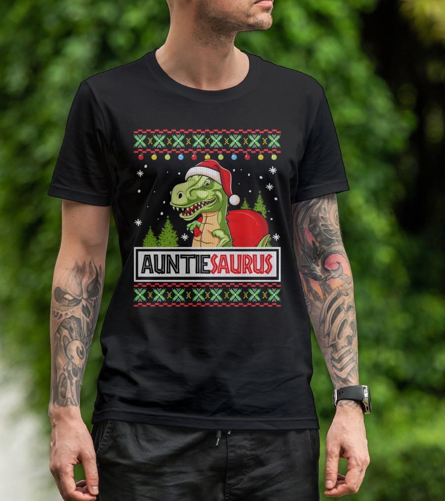 Auntiesaurus Funny Auntie Dinosaur Christmas Sweater T-Rex Santa Hat T-Shirt
