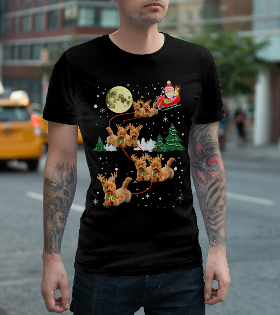 Funny Reindeer Dogs with Santa Sleigh under Full Moon T-Shirt