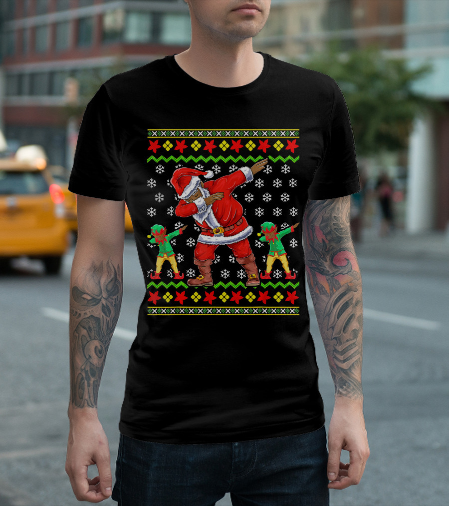 Christmas African American Dabbing Santa with Elves T-Shirt