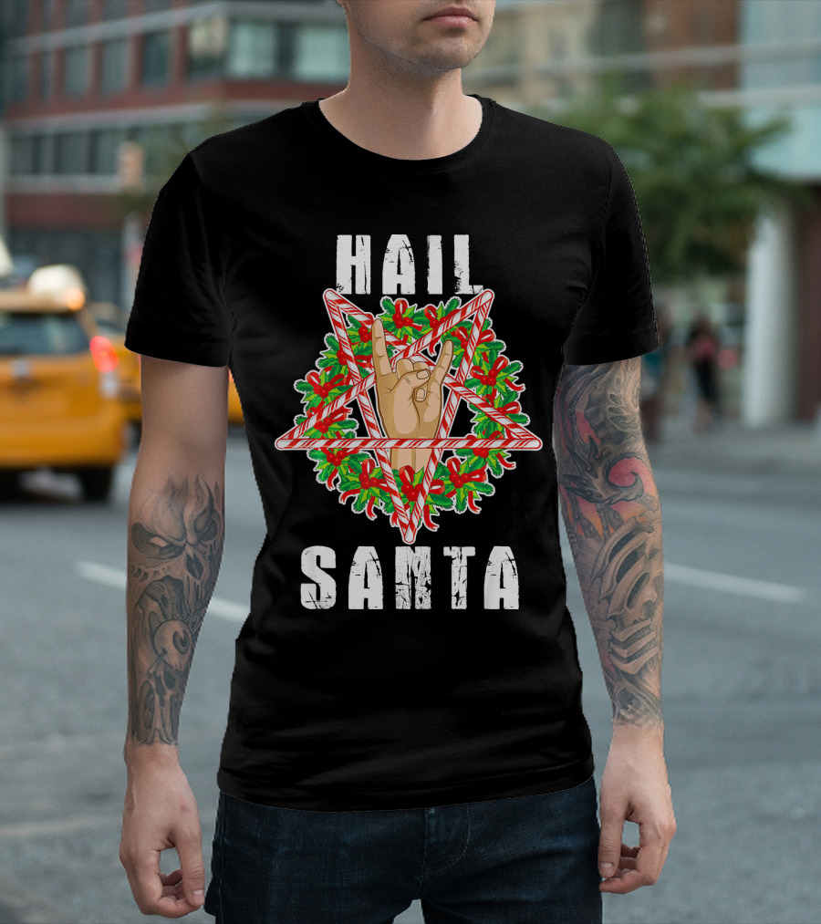 Hail Santa Candy Cane Wreath Hand Sign T-Shirt