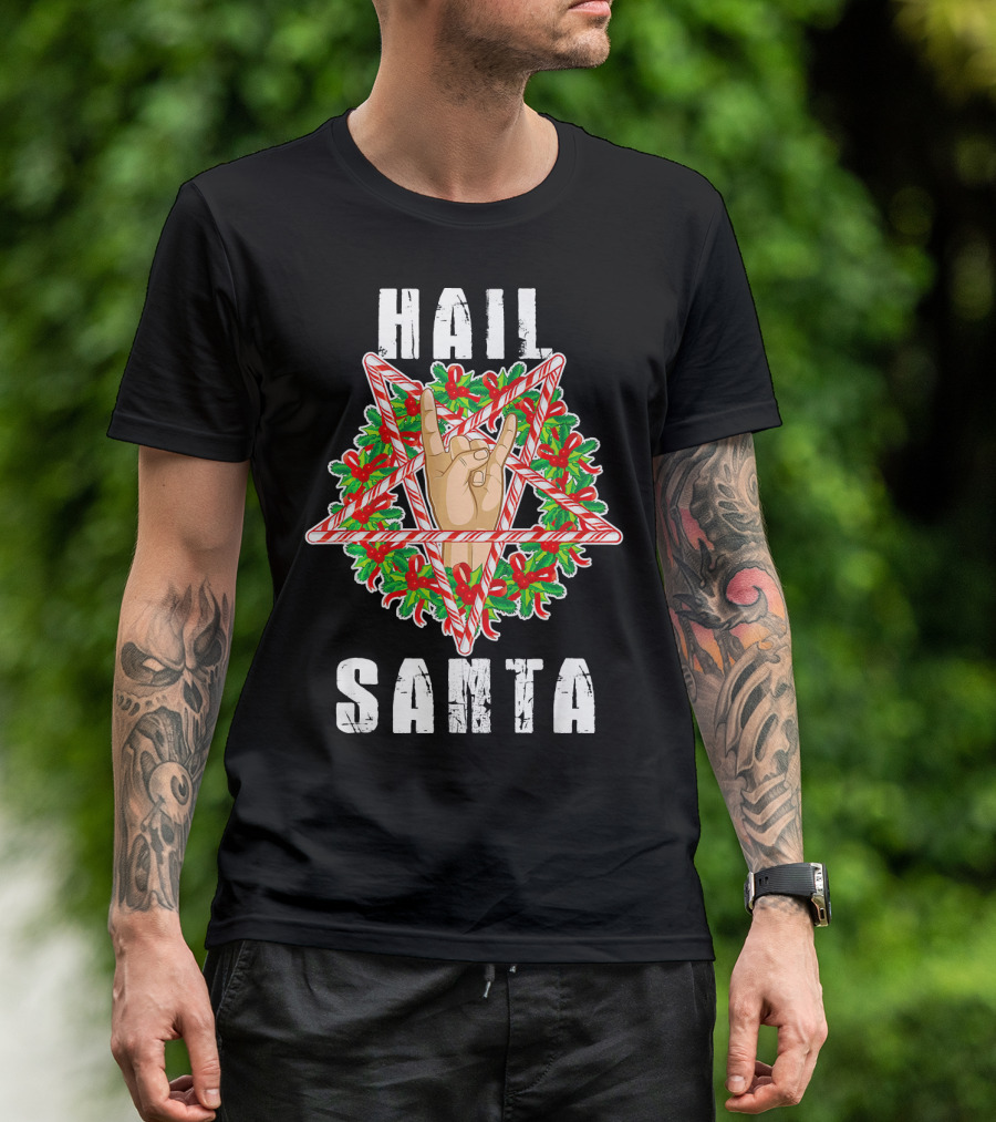 Hail Santa Candy Cane Wreath Hand Sign T-Shirt