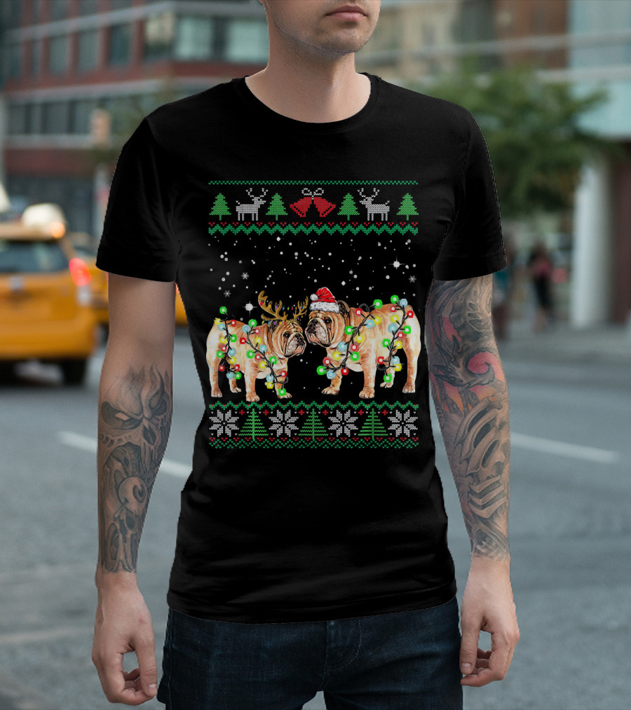 Bulldog Ugly Christmas Sweater with Santa Hat and Reindeer Antlers T-Shirt