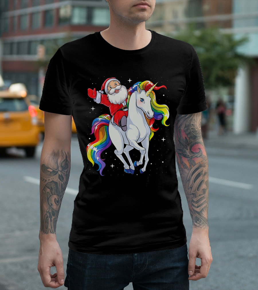Santa Riding Magical Rainbow Unicorn T-Shirt