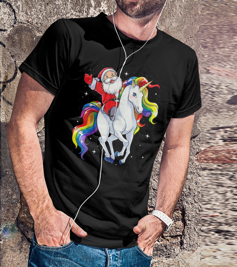 Santa Riding Magical Rainbow Unicorn T-Shirt