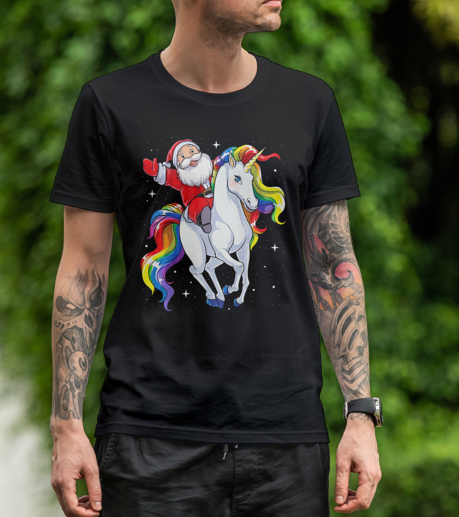 Santa Riding Magical Rainbow Unicorn T-Shirt